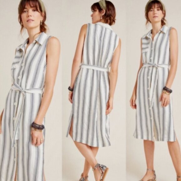 Maeve By Anthropologie Esther Collared Trench Style Striped Sleeveless D… - Picture 1 of 9